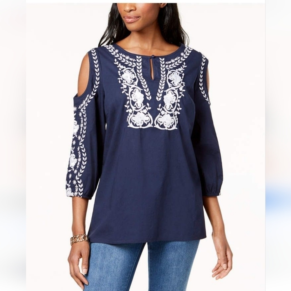 CHARTER CLUB Blouse Navy Embroidered White Boho Detail Long Balloon Sleeves SZ M
